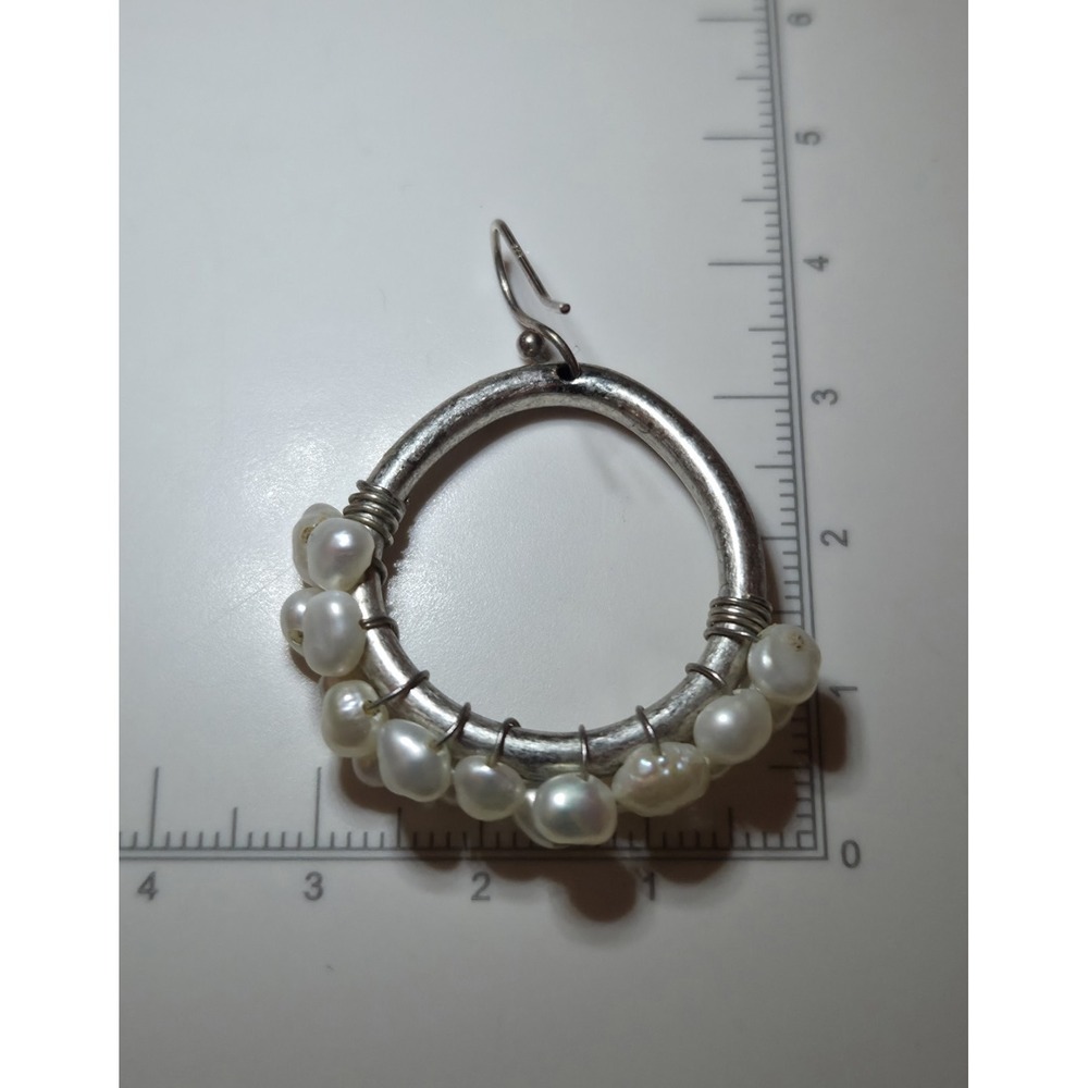 Vintage‎ Sterling Silver Wrapped Genuine Pearl Cluster Dangle Hoop Earrings - Picture 3 of 4
